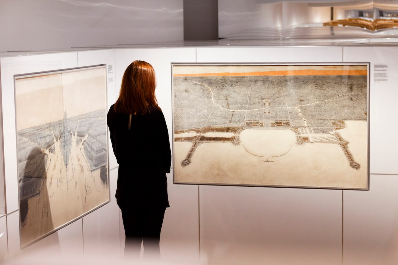 LONDON, ENGLAND - JANUARY 26: Jules Guerin's watercolours of designs for Chicago after the fire of 1871 feature in Creation from Catastrophe, a new free public exhibition in the RIBA Architecture Gallery at RIBA on January 26, 2016 in London, England. The exhibition opens on the 27th January and explores how cities have been reimagined after disasters, from the Great Fire of London in 1666 to the 2015 Nepal earthquake. (Photo by Tristan Fewings/Getty Images for Royal Institute of British Architects (RIBA))