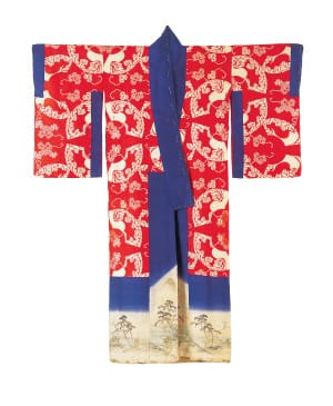 Meiji-era layered kimono set (circa 1880-1900), decorated with images of pine trees, bamboo, cranes and thatch-roof houses along a shoreline; outer kimono: broken twill silk, paste-resist dyeing (yūzen), ink painting and embroidery in silk and metallic threads; 58 x 50.39 inches (Khalili Collections item K101, photo ©2015 The Khalili Family Trust)