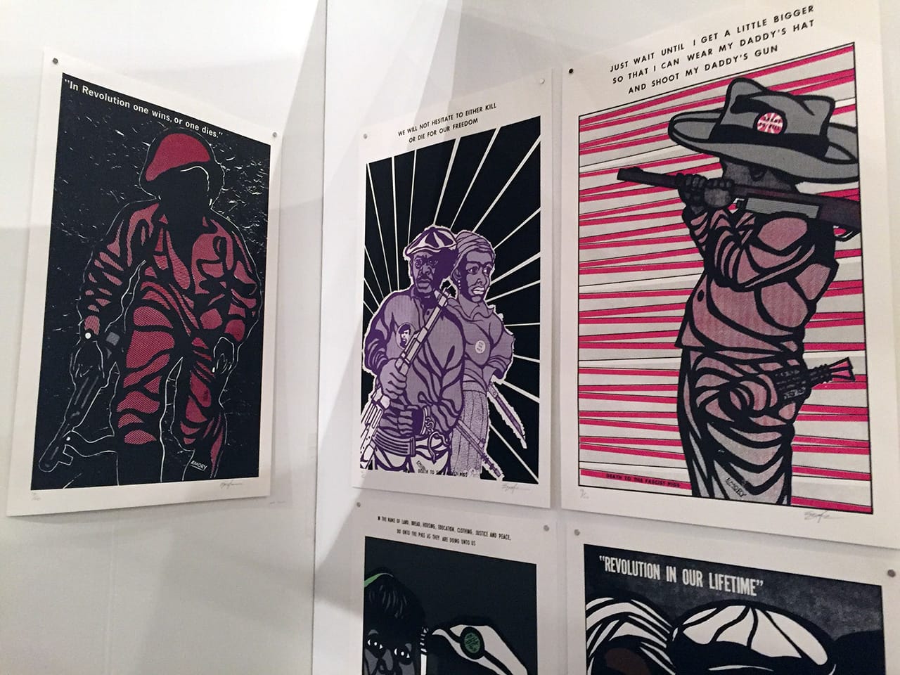 Posters by Emory Douglas in Richard Bell's Aboriginal Embassy booth. The images are taken from his influential Black Panther-related period.