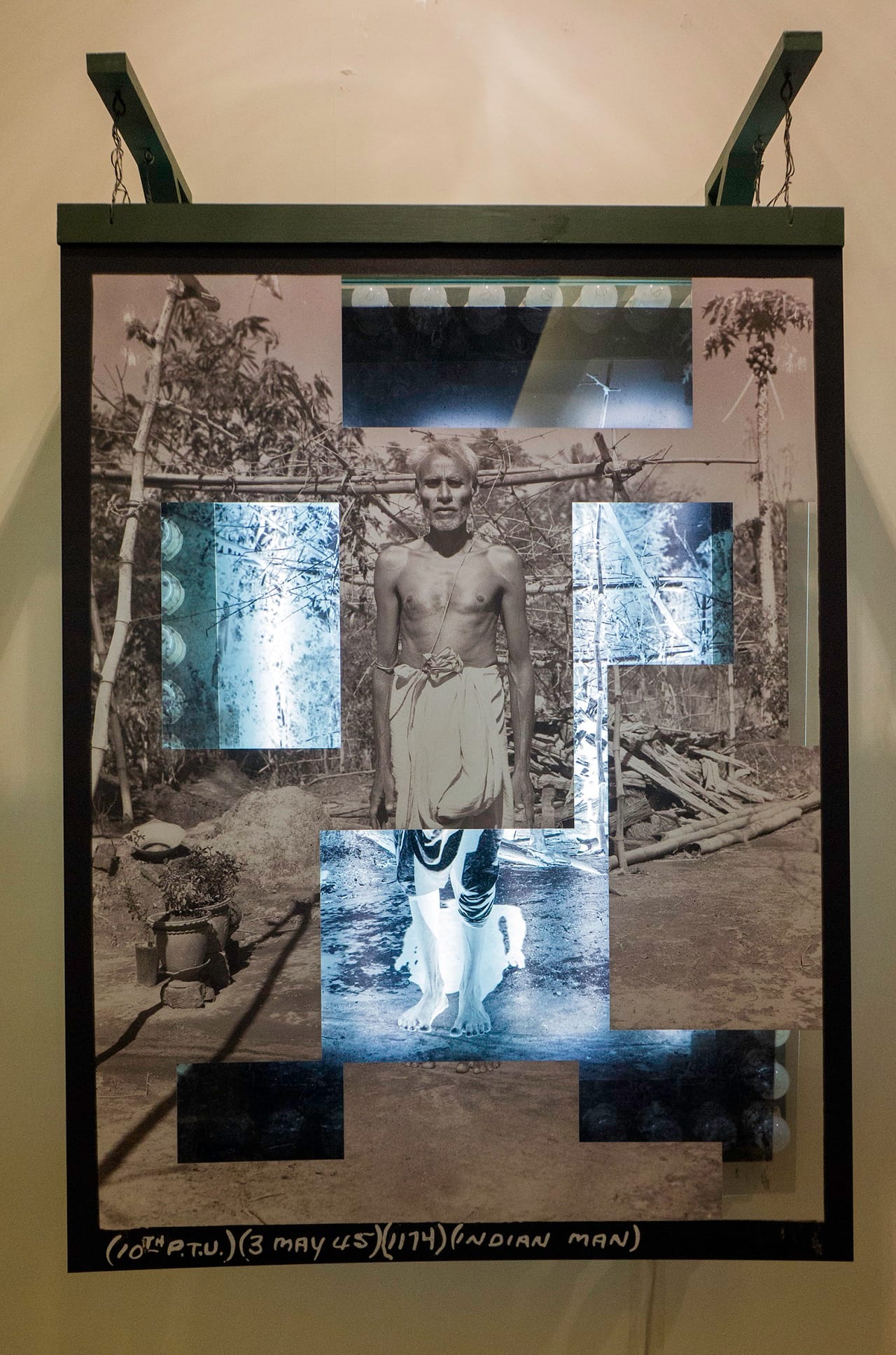 Alan Teller, front and side views of “where the mind is without fear and the head is held high” (2015), photograph and negative on polycarbonate substrates, cloth, wood, light bulbs and sockets, LED light strips, 30 x 42 in (all images via Alan Teller and Jerri Zbiral)