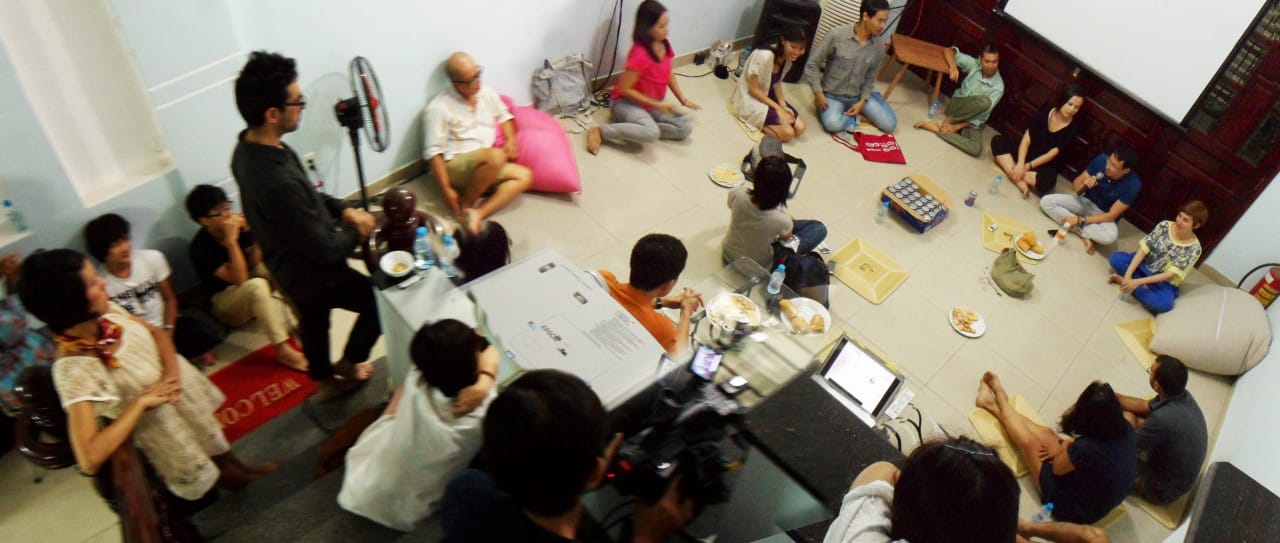 San Art Laboratory Intensive, Day Two: “Why is it important to understand the relationship between an idea and its technical realization?” with artists Jun Nguyen-Hatsushiba, Tiffany Chung, and Nguyễn Mạnh Hùng, 2012.