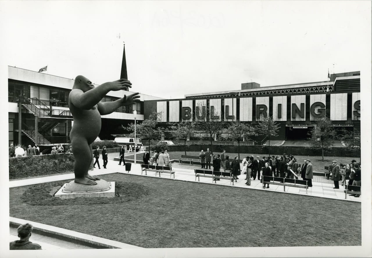 City Sculpture ProjectNicholas Monro, King Kong, for the City Sculpture Project, 1972, the Bull Ring Birmingham. Eight cities were loaned sculptures by emerging artists with the option to buy them. Only one of the 16 pieces commissioned was kept in situ. Some were even deliberately destroyed highlighting the negative attitude to ‘modern’ art. Copyright Arnolfini ArchiveExhibition details for Out There
