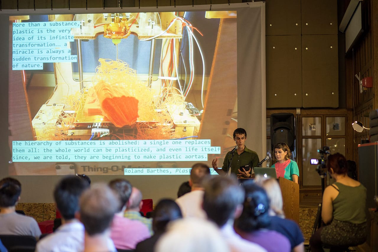 Daniel Rourke and Morehshin Allahyari presenting their lecture "What is #Additivism?" at the Frank-Ratchye STUDIO for Creative Inquiry at Carnegie Mellon University, September 2015 (click to enlarge)