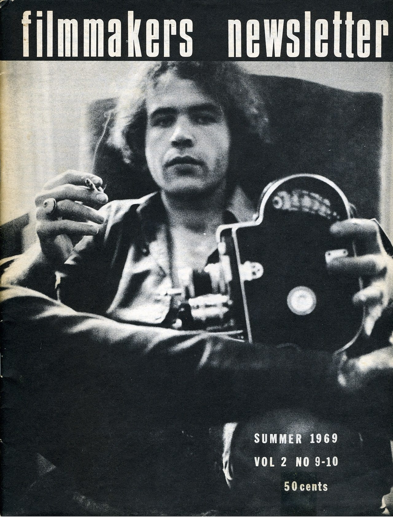 Andrew Noren on the cover of 'Filmmakers Newsletter,' summer 1969, Vol. 2, No. 9–10 (photo by and courtesy Alexis Alexandris)