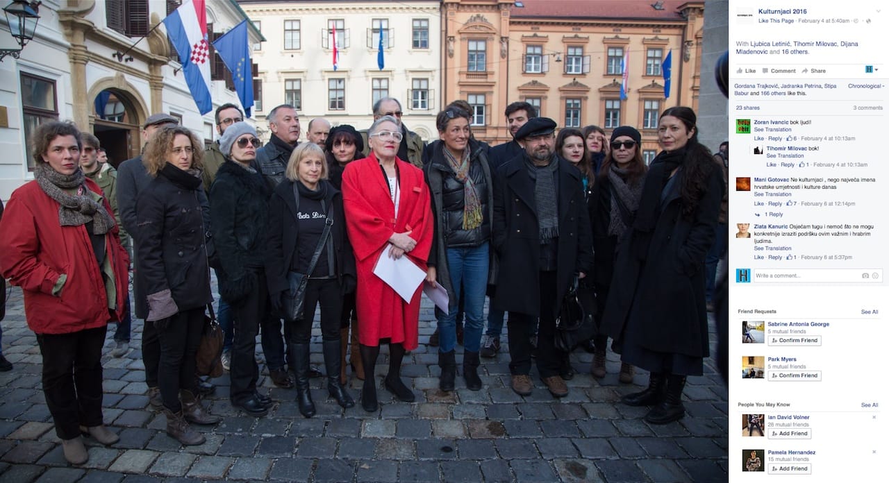 Members of the Kulturnjaci 2016 group protesting Croatia's new Culture Minister (screenshot via Kulturnjaci 2016/Facebook)
