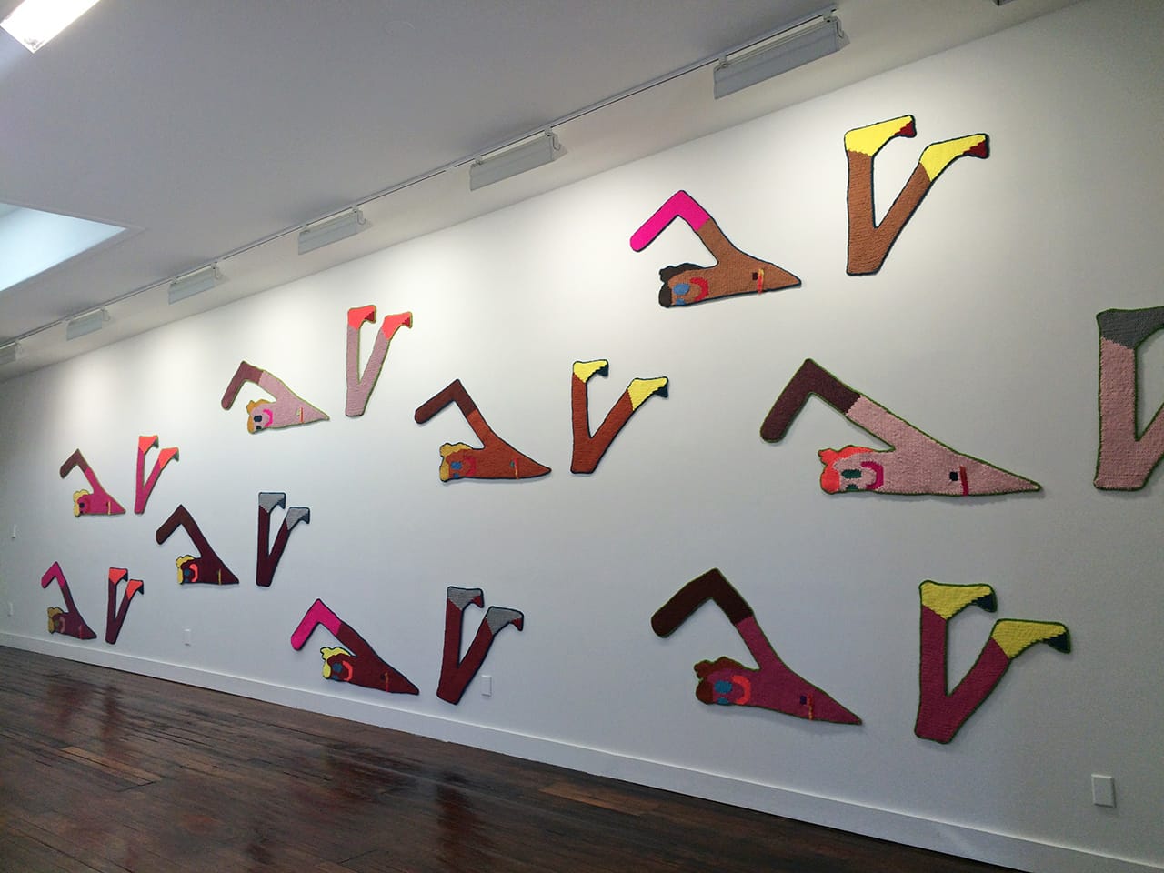 Caroline Wells Chandler, "Freestyln" (2016), hand-crocheted assorted wool, 37" x 7" each (click to enlarge)