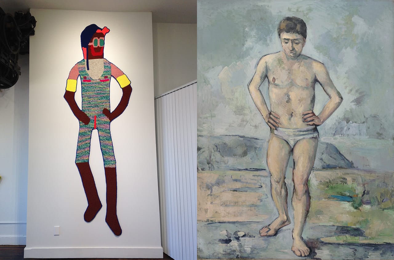 Left: Caroline Wells Chandler, "Big Red (The Bather)" (2016), hand-crocheted assorted wool, 11' x 4'; right: Paul Cézanne, “The Bather” (c. 1885), oil on canvas, 50" x 38 1/8" (click to enlarge)