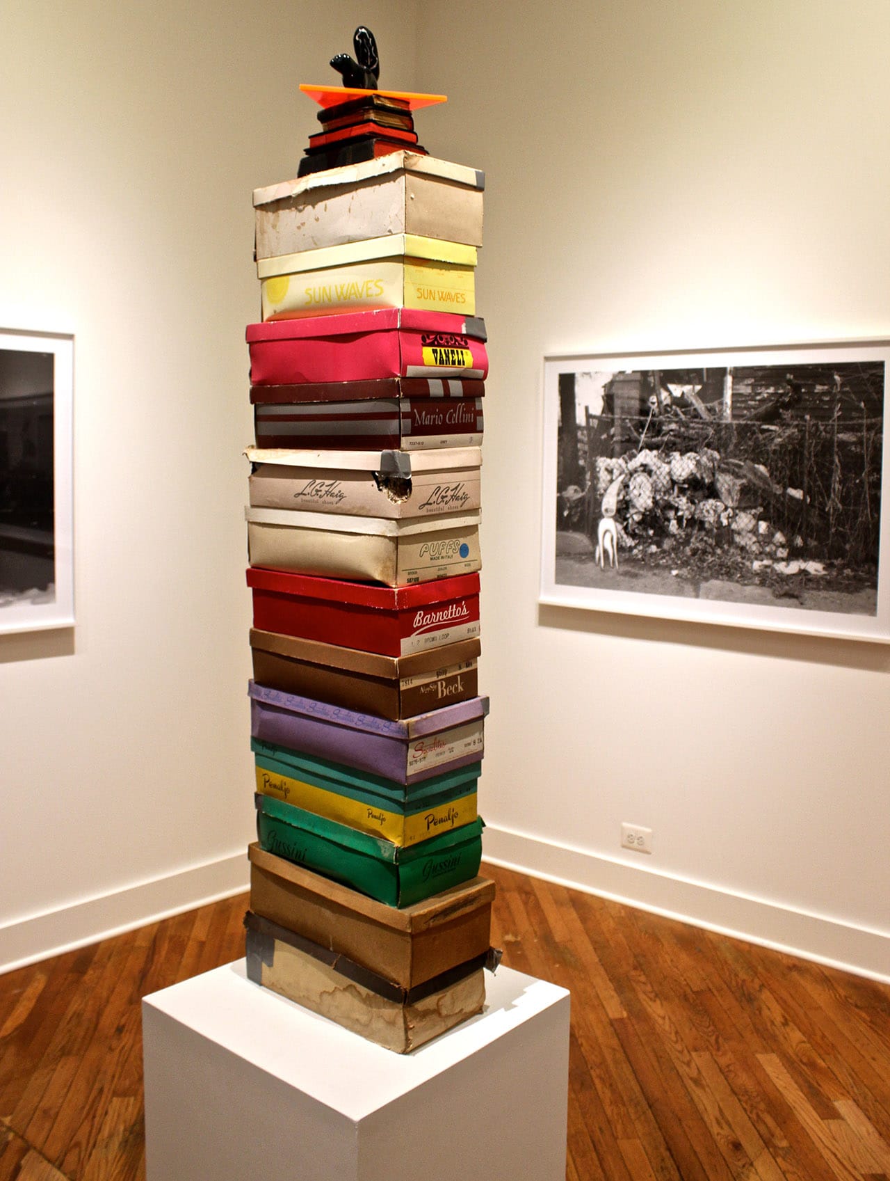 Larry & Stella's House Inventory-Skunk Totem, Mitch Cope, 2015, Shoes, boxes, religious items, books, acrylic, ceramic