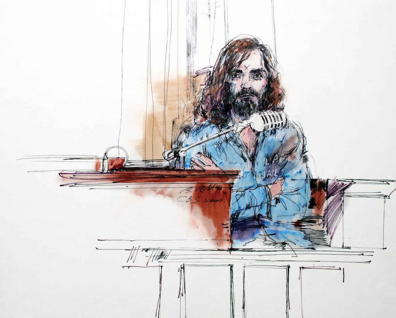 Charles Manson on the stand (1970), illustrated by Bill Robles (courtesy Library of Congress Prints and Photographs Division)