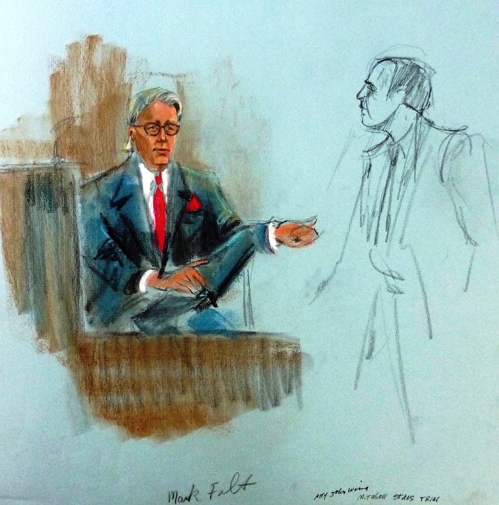 Mark Felt and attorney John Win in the John Mitchell-Maurice Stans trial, illustrated by Aggie Kenny (courtesy Library of Congress Prints and Photographs Division)