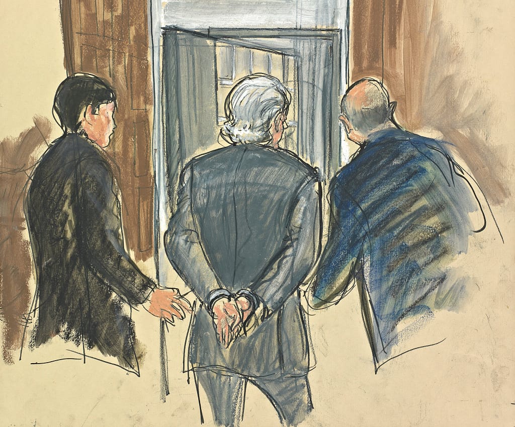 Bernard Madoff going to jail post plea (March 12, 2009), illustrated by Elizabeth Williams (courtesy Library of Congress Prints and Photographs Division)