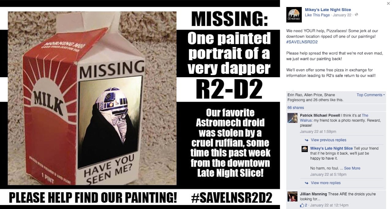 A plea for the return of the stolen R2-D2 painting (screenshot via Facebook)