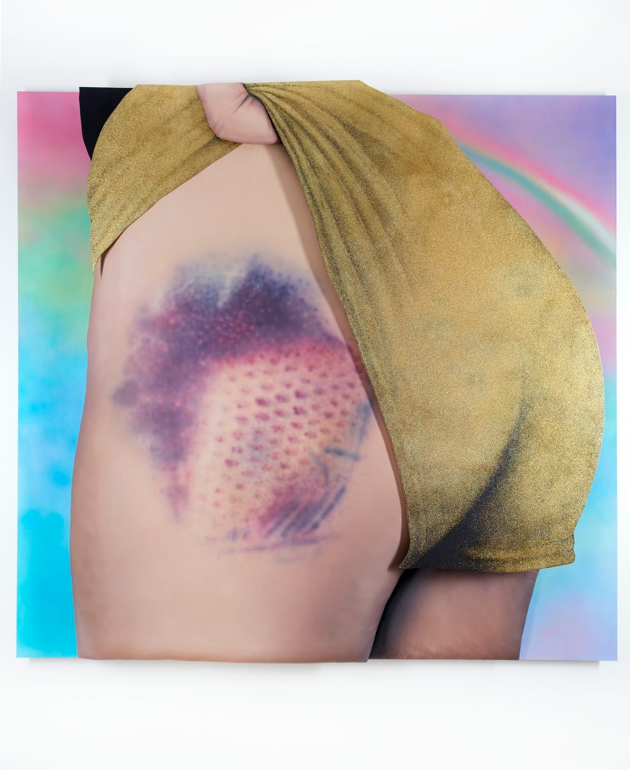 Riikka Hyvönen - Fresh Meat in Fishnets!, 2015, Acrylic paint and glitter on leather and MDF, 210 x 220 x 20 cm