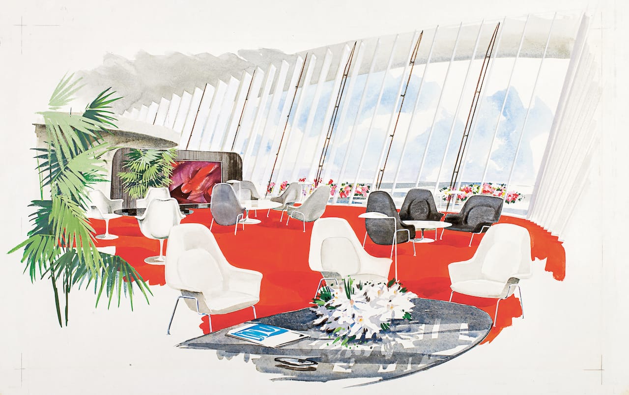 Drawing for the Ambassador Lounge (© Illustrator unknown/Eero Saarinen Collection (MS 593). Manuscripts and Archives, Yale University Library)