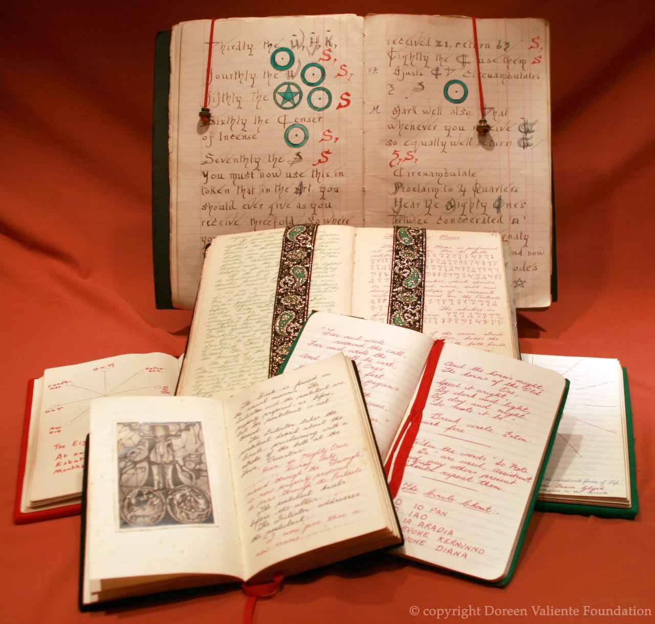Ritual books owned by Doreen Valiente, including the 'Book of Shadows' at the back (courtesy Doreen Valiente Foundation)