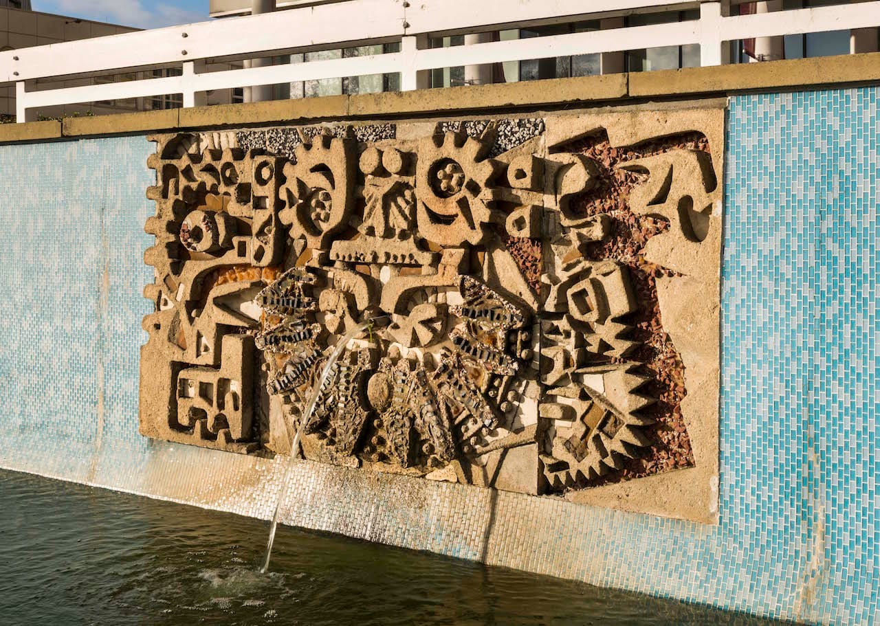 Post War Public Art. Seven reliefs/mosaics (1963) by William Mitchell, The Water Gardens, Harlow, Essex. Detail view from the south east of relief/mosaic No.2 (ordered from west to east)