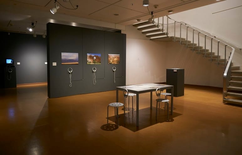  Field Recordings, 1999 Sandia Mountains, 11:00pm Window Rock, 4:00am Canyon DeChelly, 10:00am Sound installation with photo prints. Image courtesy of Demian Dineyazhi