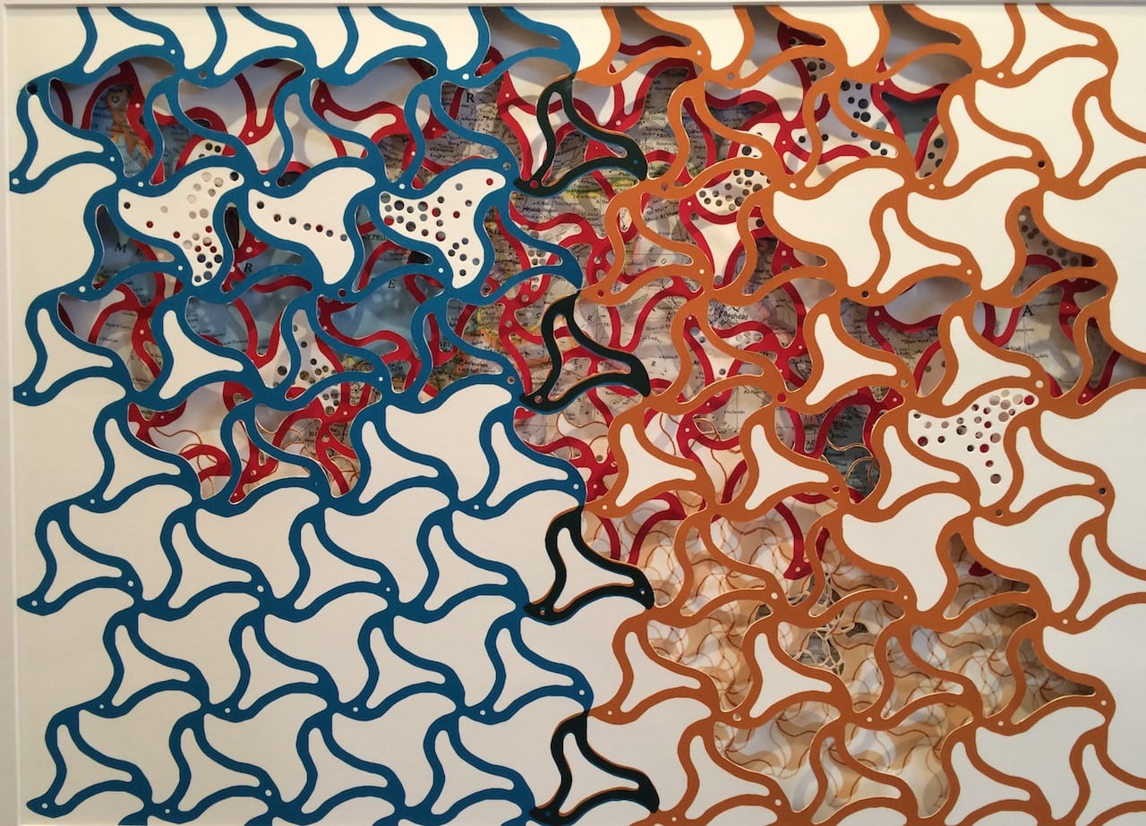 Doris Bittar, "Encoded Histories 3" (2015), hand-cut paper and map of Mid East/ Mediterranean