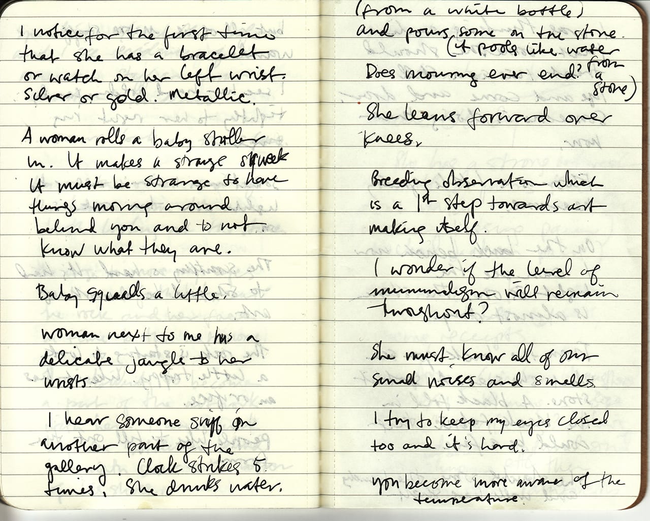 Page from the author's notes while visiting Marilyn Arsem's '100 Ways to Consider Time' (click to enlarge)