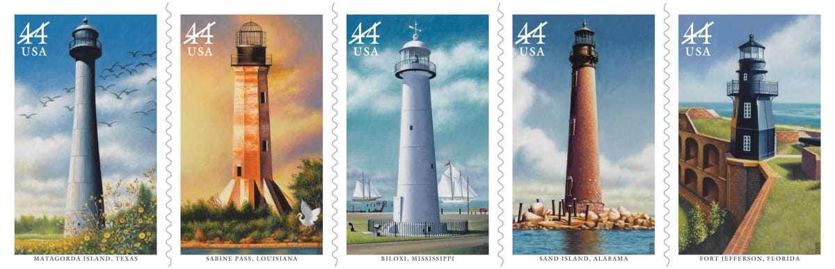 Howard Koslow's series of Gulf Coast Lighthouse stamps, first issued by the US Postal Service in 2009 (via uspsstamps.com)