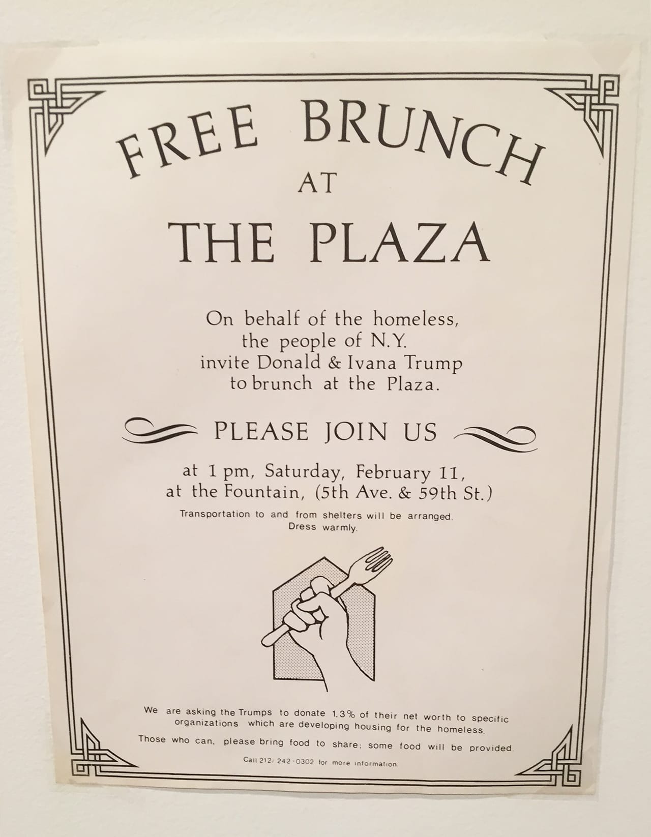 Flyer inviting Donald and Ivana Trump to brunch at the Plaza (photo by the author for Hyperallergic) (click to enlarge)