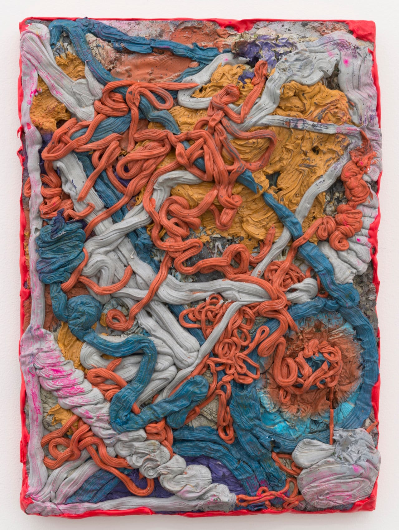 Jigger Cruz, "Abstraction Intersection" (2015), oil on canvas and wood, 14 1/8 x 10 1/4 x 2 in