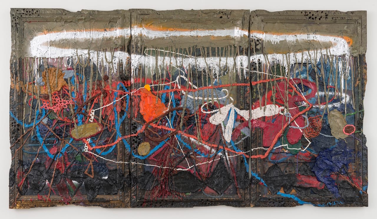 Jigger Cruz, "Silent Waltz from the Ancient Atoms of Hell" (2015), oil on canvas and wood, triptych: 60 x 109 x 3 1/2 in