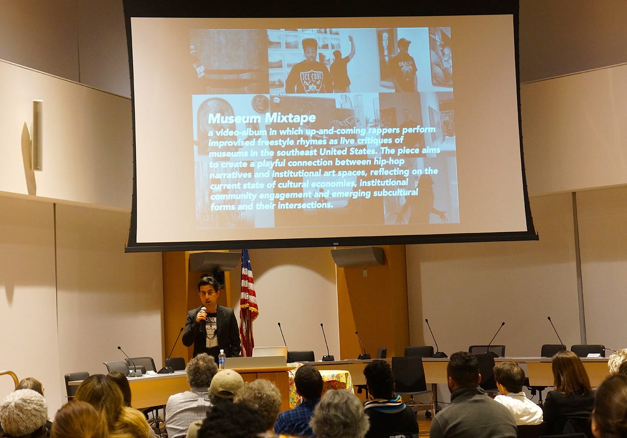 Juan Obando presenting his Boston Artist in Residence proposal (photo by the author for Hyperallergic)