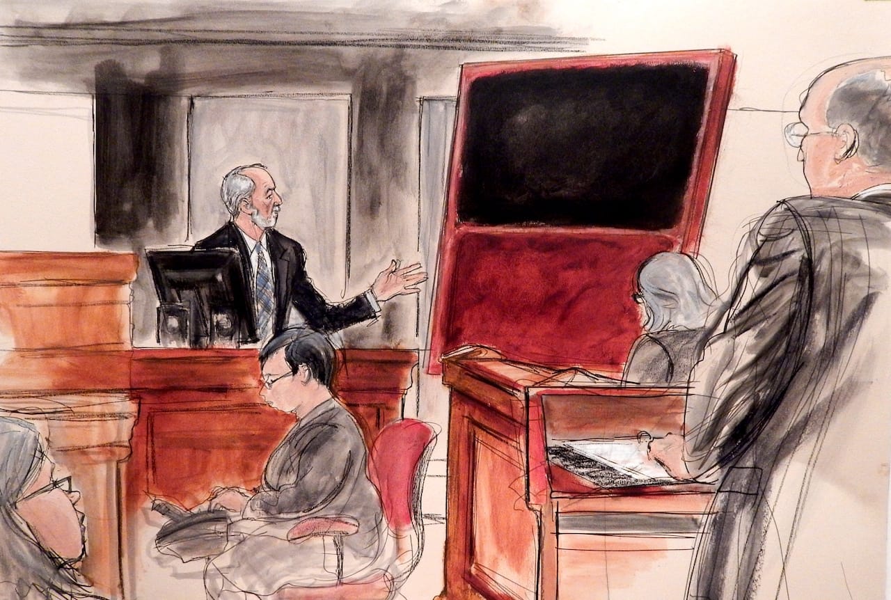 Elizabeth Williams's sketch of Domenico De Sole discussing the fake Mark Rothko painting he purchased from the Knoedler gallery (courtesy the artist) (click to enlarge)