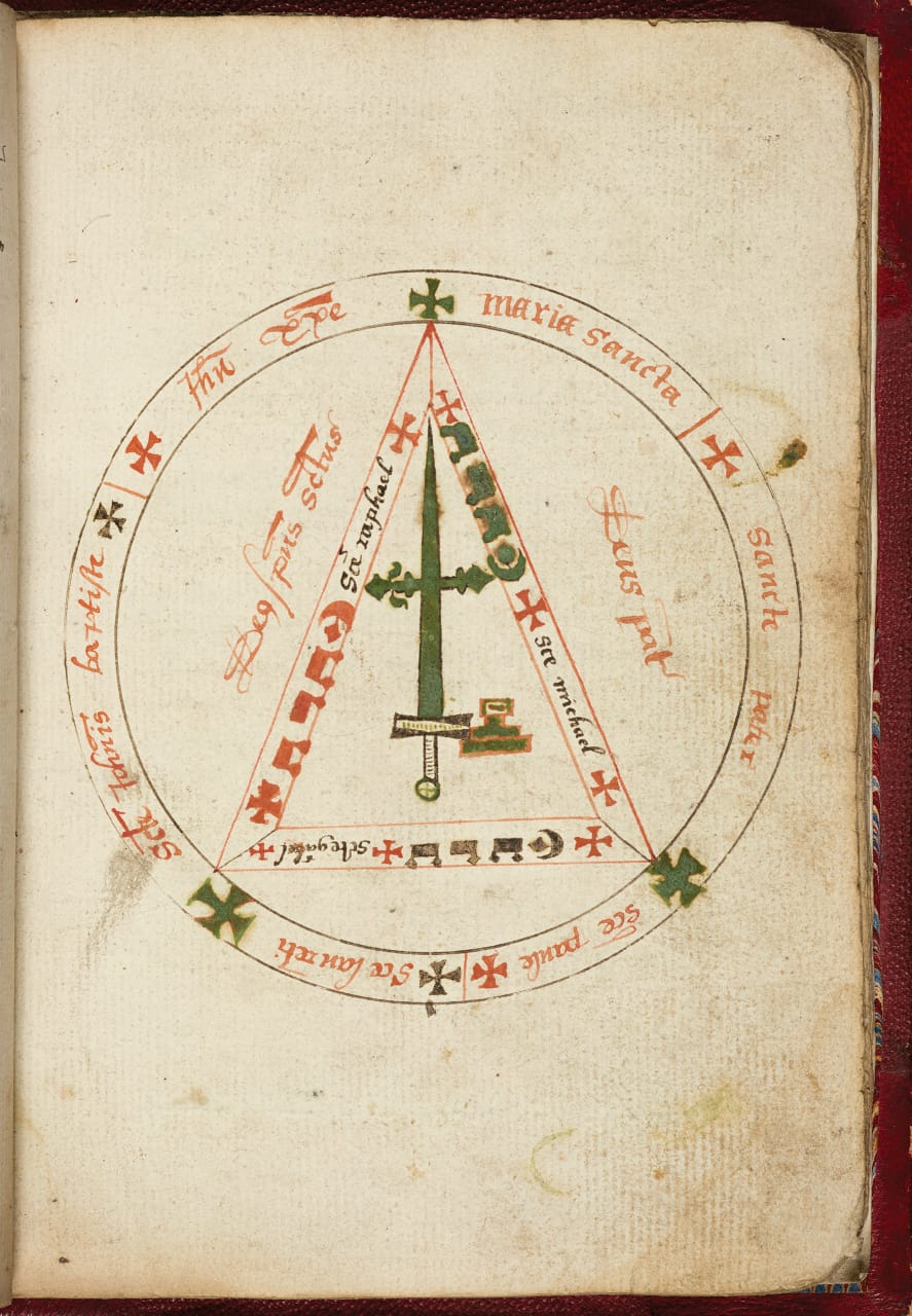 'Book of Black Magic' (late 1500s, England) (courtesy Chetham’s Library). The 'Book of Black Magic' records spells that allow the magician to converse with spirits, find treasures, and summon the "Queen of the Pharies." This book was sometimes circulated under the name of Roger Bacon, the famous English philospher.