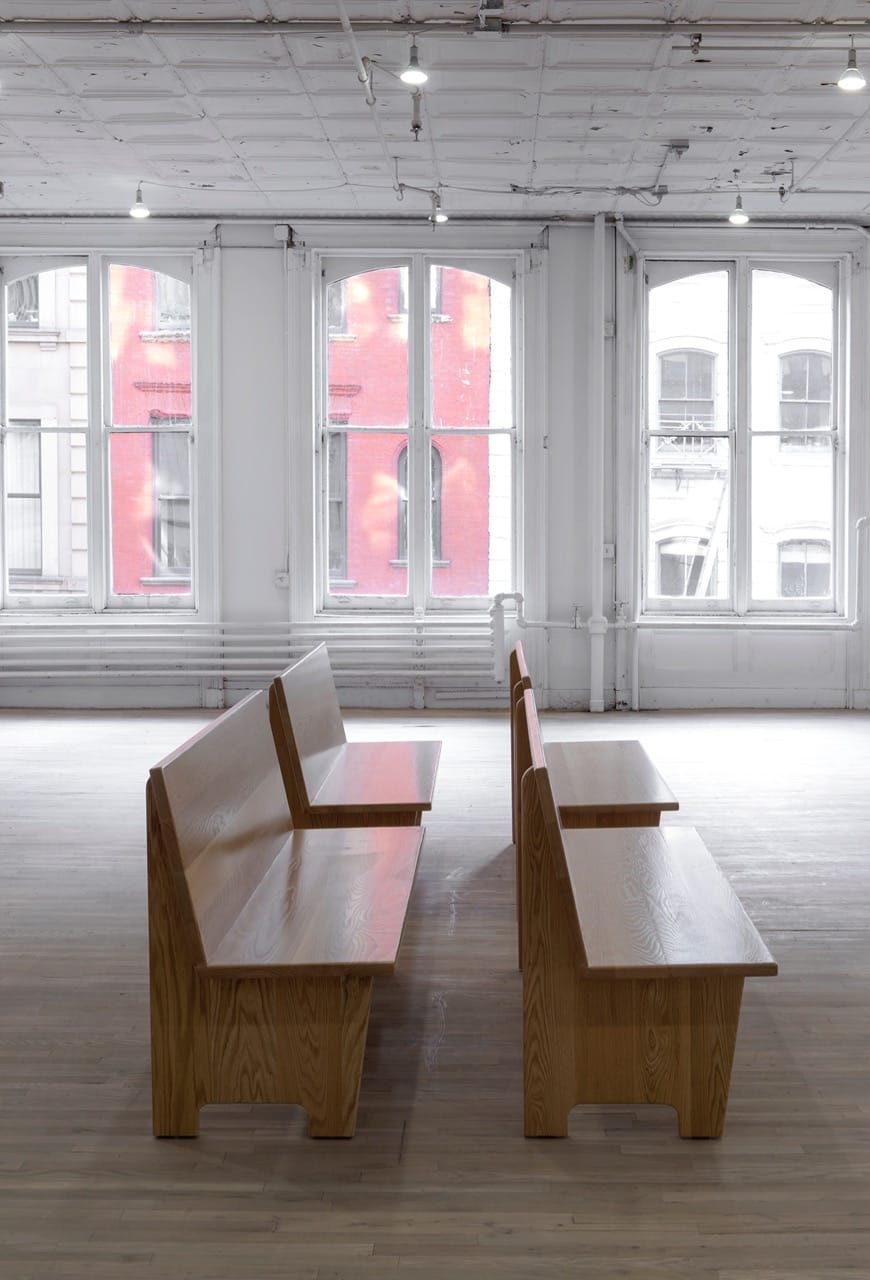 New York State Unified Court System, 2016 Oak wood, distributed by Corcraft 165 57.5 36 inches Rental at cost Courtrooms throughout New York State use benches built by prisoners in Green Haven Correctional Facility. The court reproduces itself materially through the labor of those it sentences. Courtesy of the artist and ESSEX STREET, New York Photo: Adam Reich