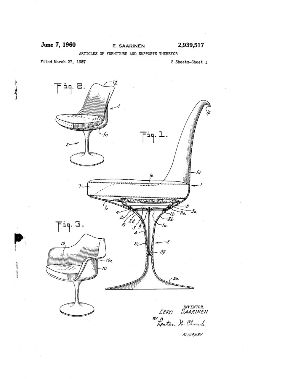 1960 patent illustration for the Pedestal Chair (via USPTO)