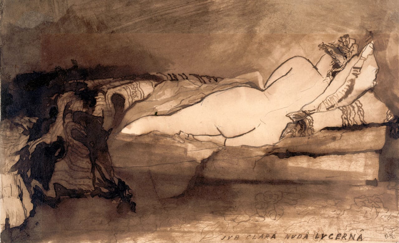 Victor Hugo, "Sub clara nuda lucerna" (undated, late 19th century) pen and brown ink wash over graphite pencil on vellum paper (Maisons de Victor Hugo, © Maisons de Victor Hugo, photo by Roger-Viollet)