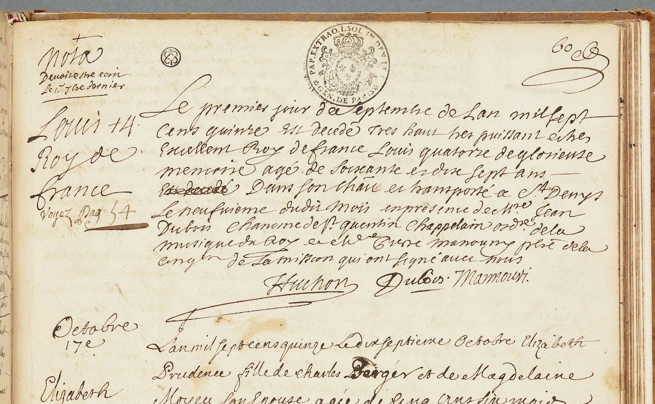 Louis XIV's death certificate (1715) (Registre des sépultures de la paroisse Notre-Dame de Versailles Versailles, archives communales de Versailles © DR)