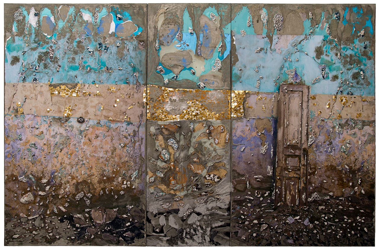Naomi Safran-Hon, "Wadi Salib: Glitter and Doom in Gold" (2014), archival ink jet print, lace, pigment, acrylic, oil pastels, and cement on canvas and fabric, 110 x 72 in (all images courtesy the artist)