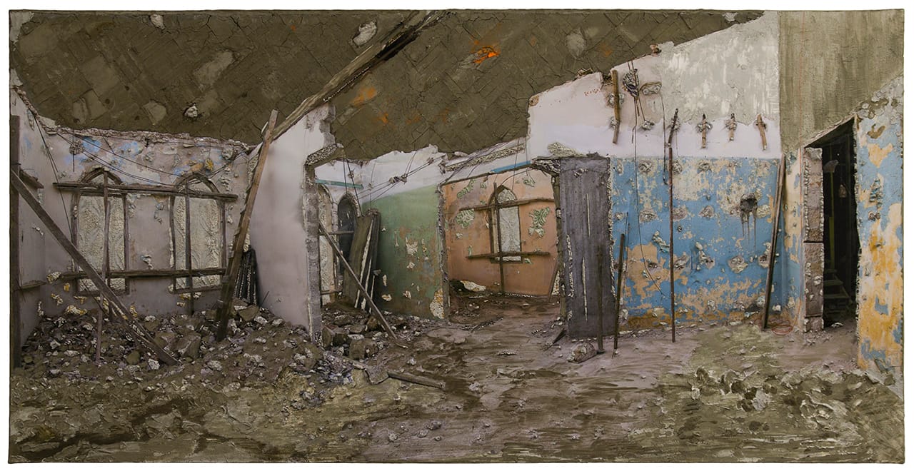 Naomi Safran-Hon, "Wadi Salib: Home with 4 Windows and a Door (Kanafani's house on Bourj Street)" (2015), archival ink jet print, lace, pigment, acrylic, and cement on canvas, 84x42 in (click to enlarge)