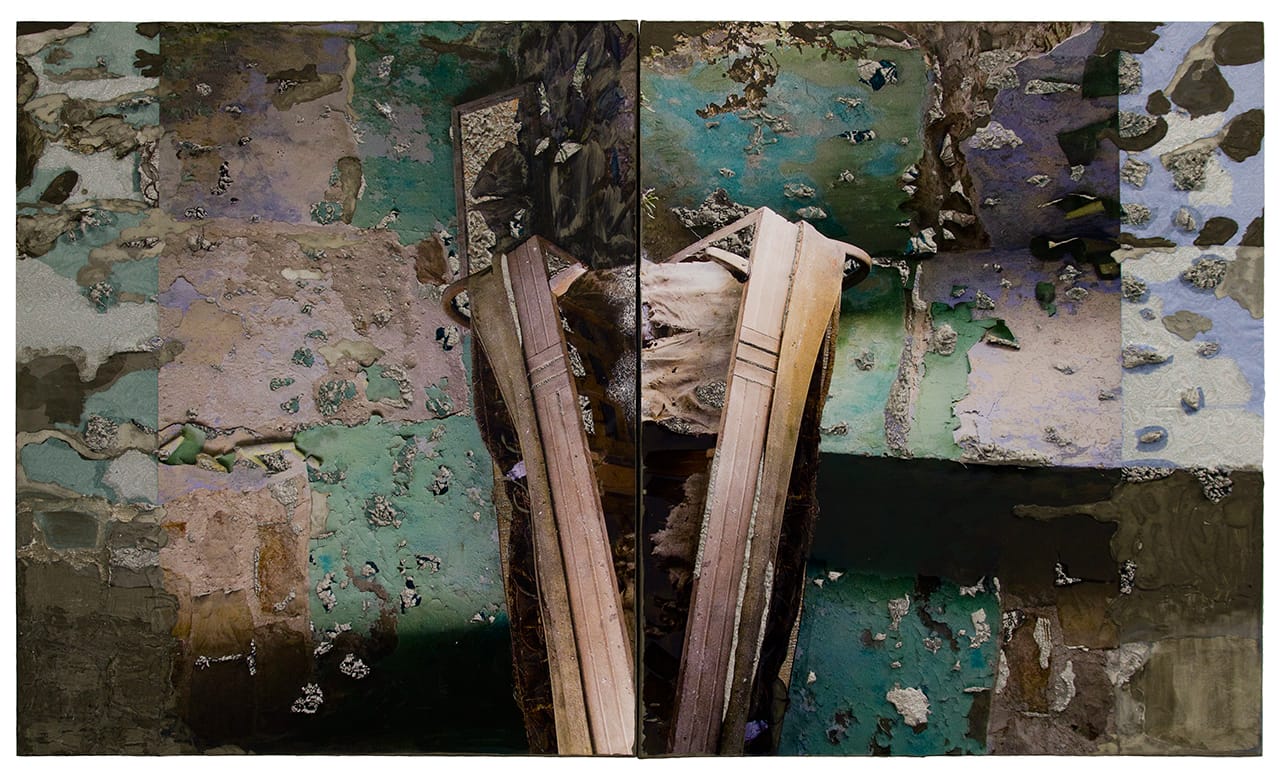 Naomi Safran-Hon, "Wadi Salib: Mirror Bed" (2014), archival ink jet print, lace, and cement on fabric and canvas, 72x42 in (click to enlarge) 