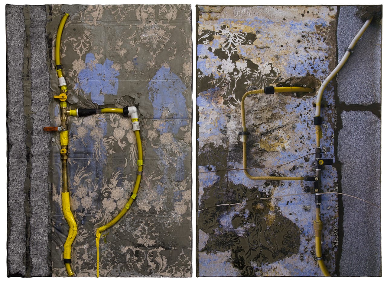 Naomi Safran-Hon, "Wadi Salib: Yellow Pipes" (2015), archival ink jet print, lace, acrylic, plastic tubes, metal pipes, adhesive tape, asphalt glass fabric, and cement on canvas and fabric, 42 x 58 in
