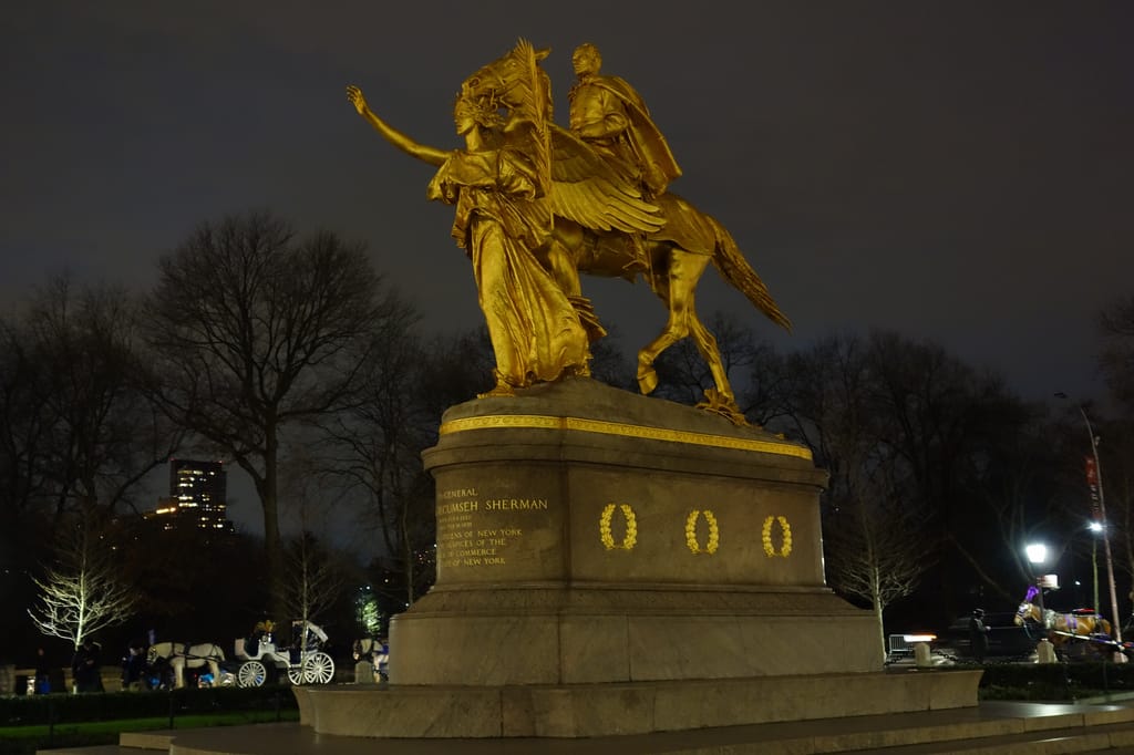 Statue of William Tecumseh Sherman in Grand Army Plaza, Manhattan (photo by the author for Hyperallergic)