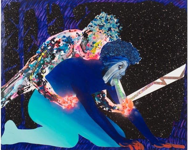 Devan Shimoyama, "Let Me Help" (2015), Oil, enamel, spray paint, graphite, acrylic, glitter, beads on canvas, 52 x 42 x 2.25in. (via samuelfreeman.com)