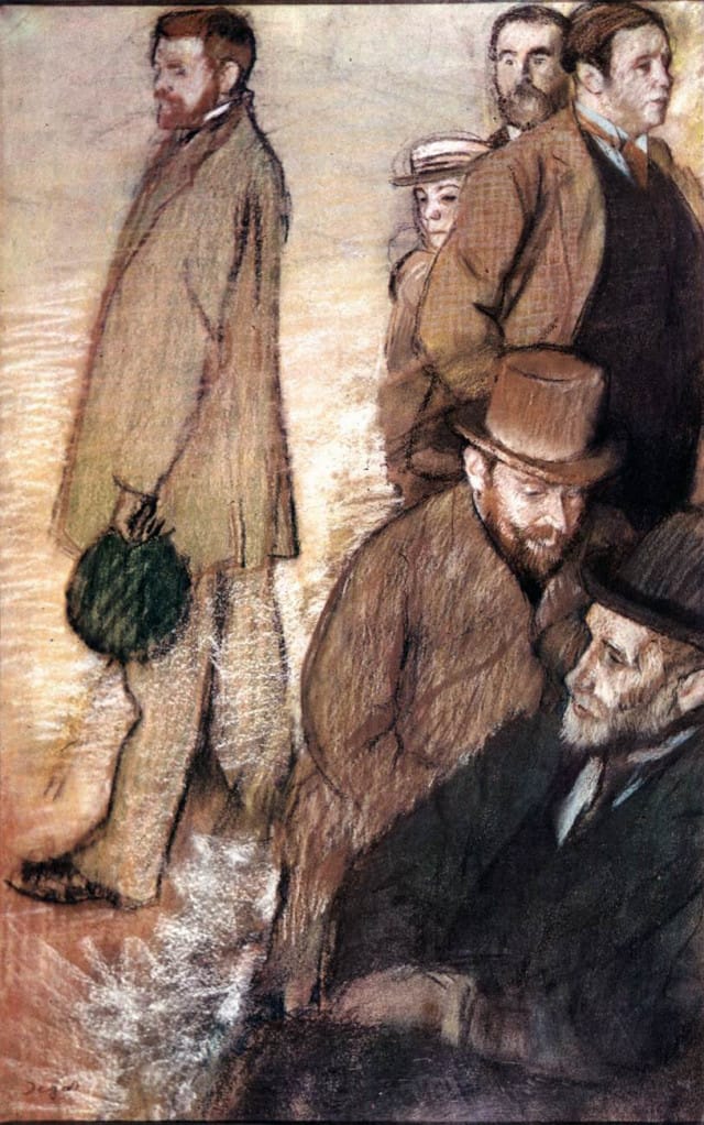 Edgar Degas, "Six Friends of the Artist" (1885), pastel and black chalk on yellowed gray paper, 113 x 70 cm. Museum of Art, Rhode Island School of Design, Providence. (Image via Web Gallery of Art)