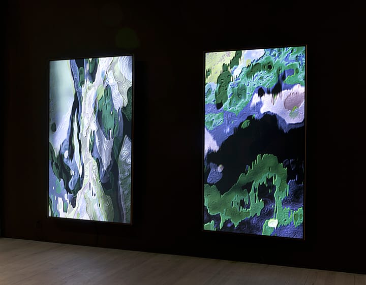 Sara Ludy, left to right: "Cloud Relief 2" (2015) and "Cloud Relief 1" (2015), installation view in 'Subsurface Hell' at Bitforms Gallery