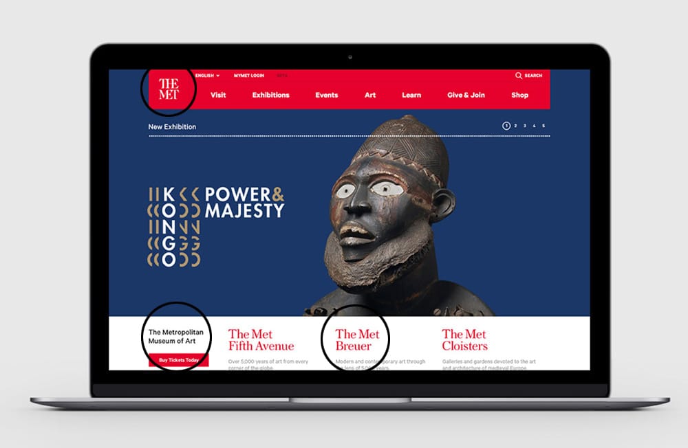 A confusing concept for the new homepage, with three difference references to the name of the museum (original image courtesy the Met, via Wired)