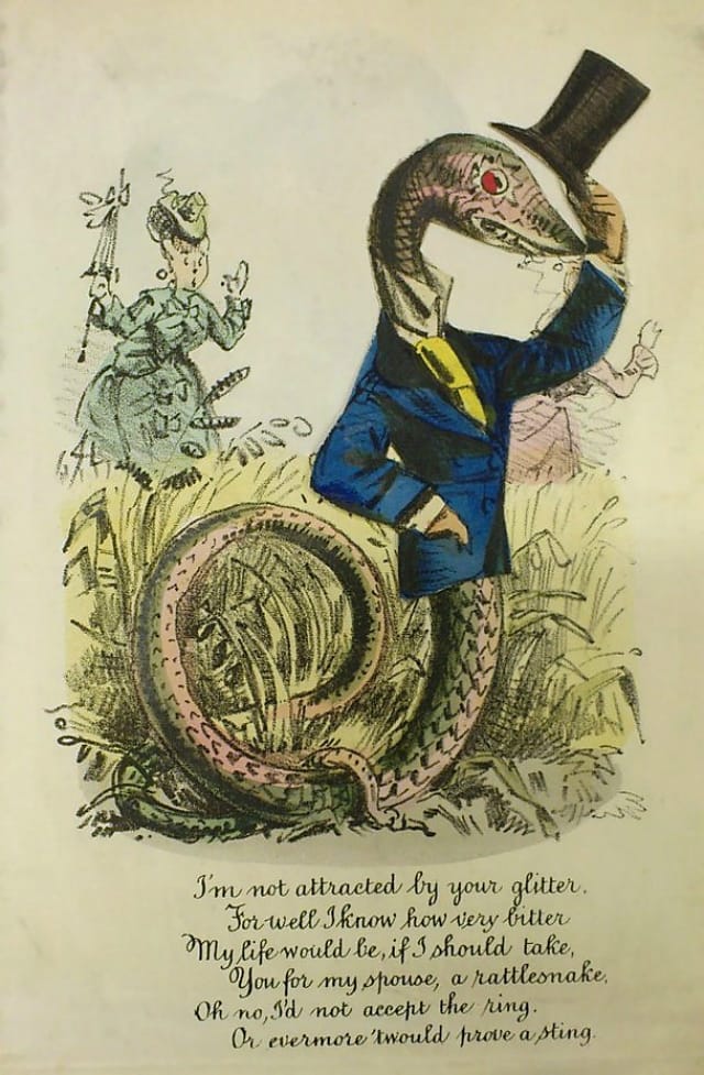 A vinegar valentine from a woman who says she would never marry "a rattlesnake" (1870s) (via Wikimedia)