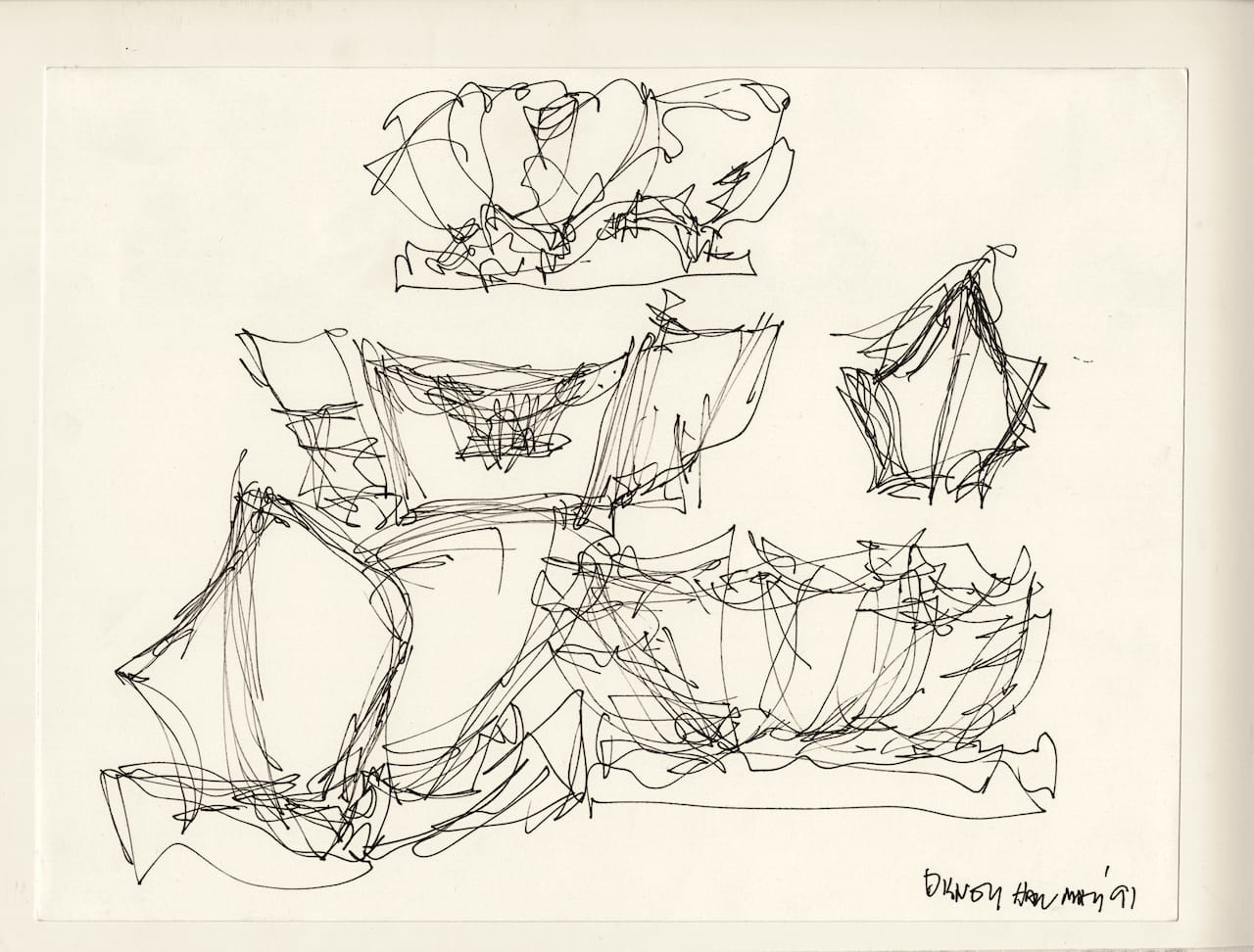 Frank Gehry, "Walt Disney Concert Hall, design sketch, volume study, 1989-2003 (competition 1988), Los Angeles, California, 9 x 12 inches, Collection Frank Gehry, Los Angeles