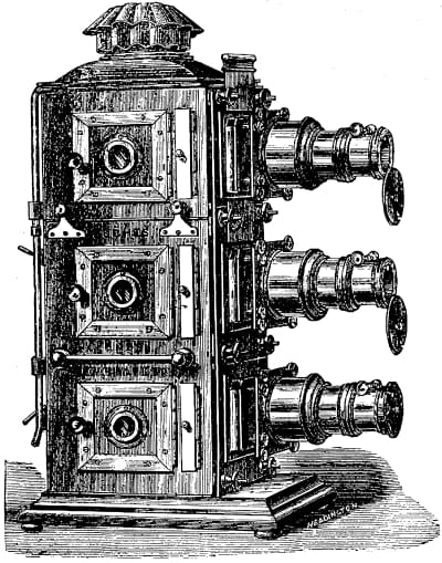1888 woodcut illustration of a "Docwra" triple lantern (© 2011 Richard Crangle) (click to enlarge)