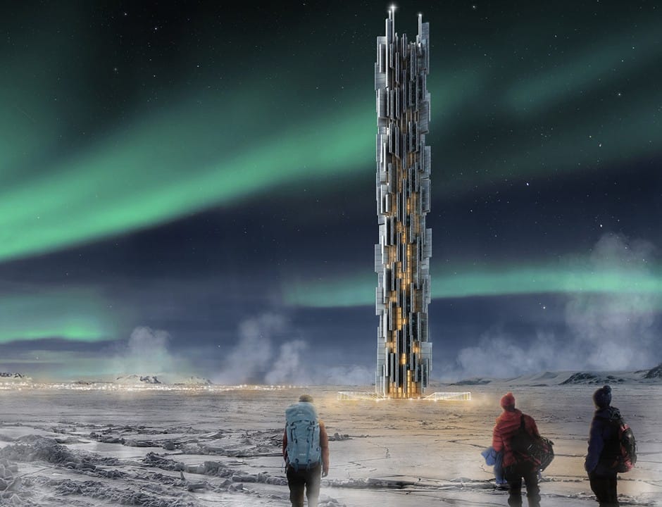 Valeria Mercuri and Marco Merletti, rendering for "Data Tower," a concept for a sustainable skyscraper in Iceland for web servers, third place winner in eVolo Skyscraper Competition 2016