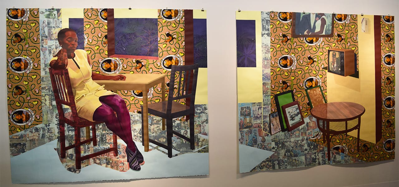 A new diptych by Njideka Akunyili Crosby in the Victoria Miro booth at the 2016 Armory Show