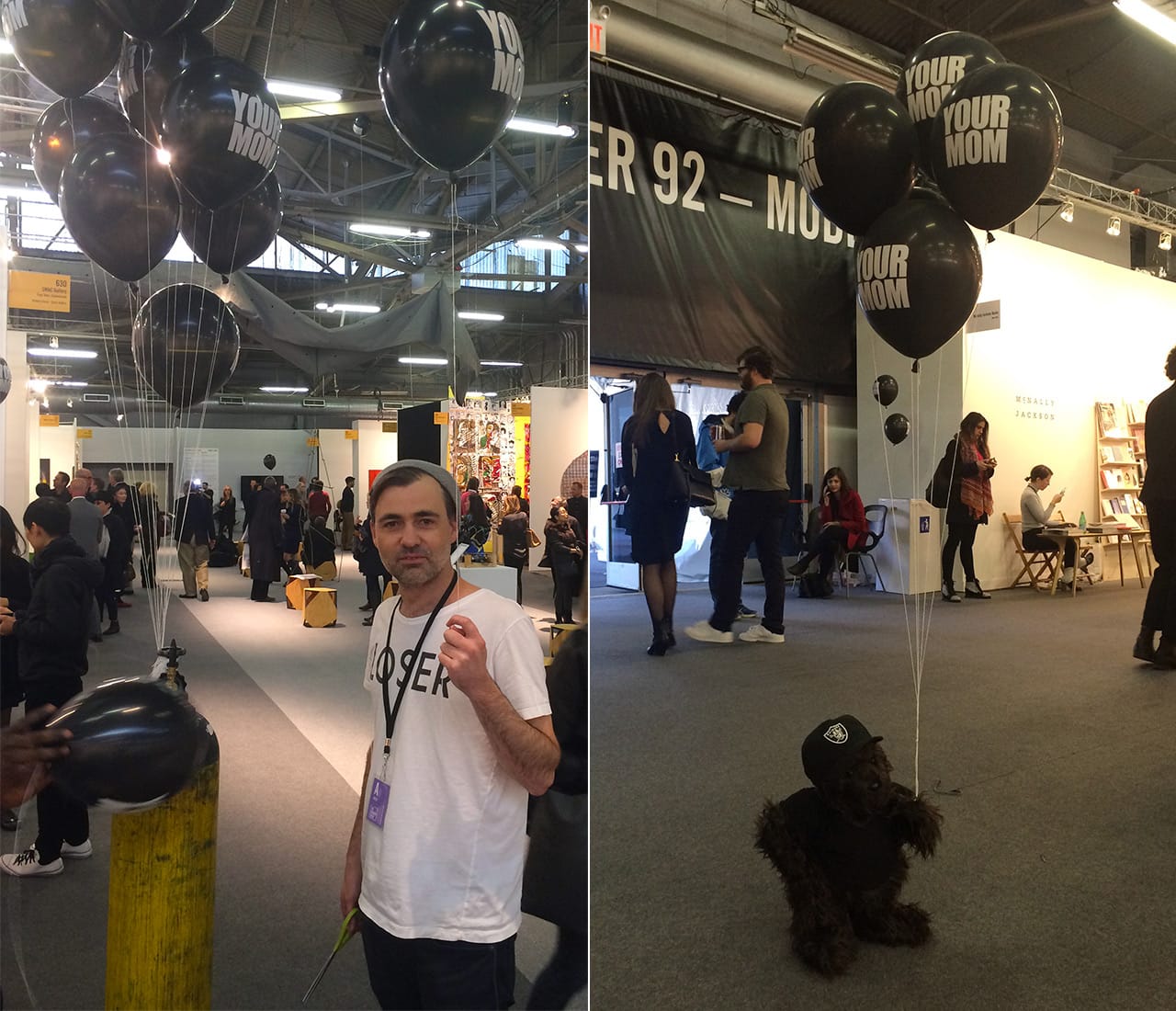 Left: artist Ed Young handing out "YOUR MOM" balloons in the 2016 Armory Show's Focus section; right: a teddy bear in an Oakland Raiders hat holding several of Ed Young's "YOUR MOM" balloons at one of the 2016 Armory Show's main intersections