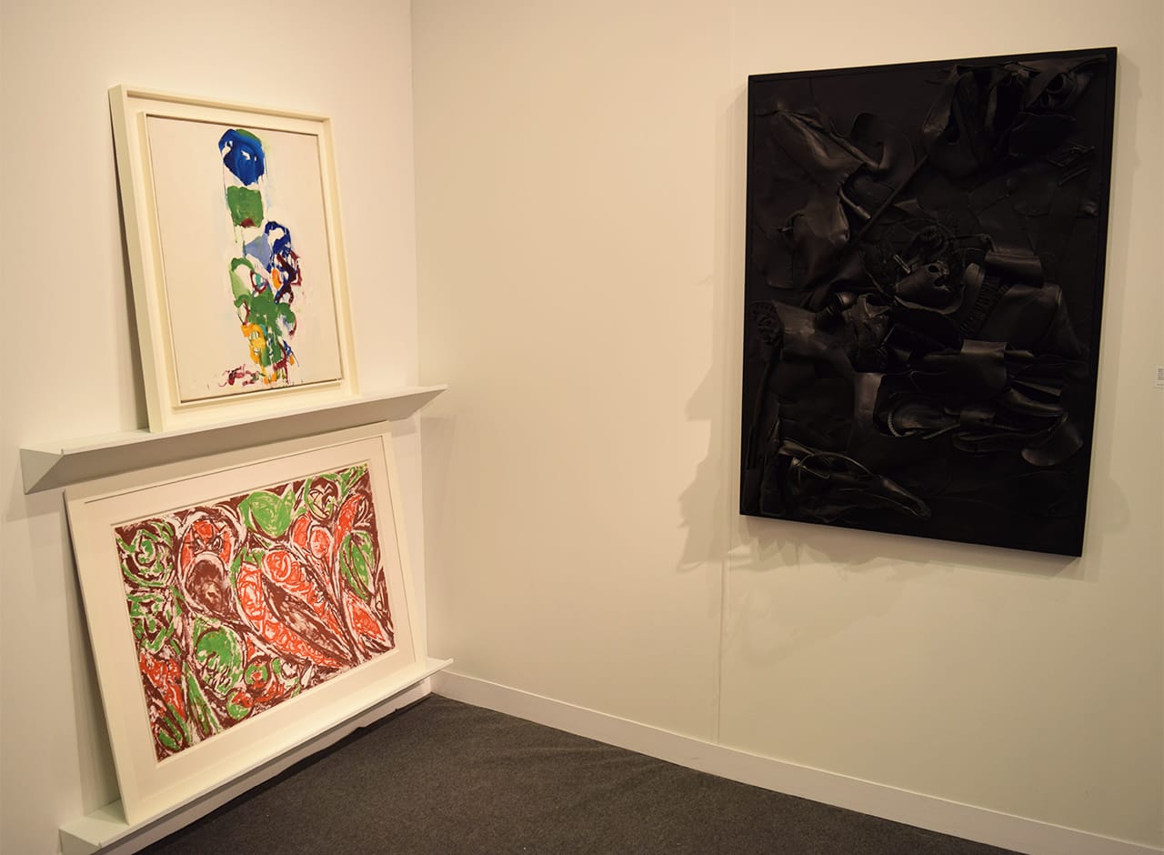 Installation view of Michael Rosenfeld Gallery's booth with works by Joan Mitchell (top left), Lee Krasner (bottom left), and Nancy Grossman (right)